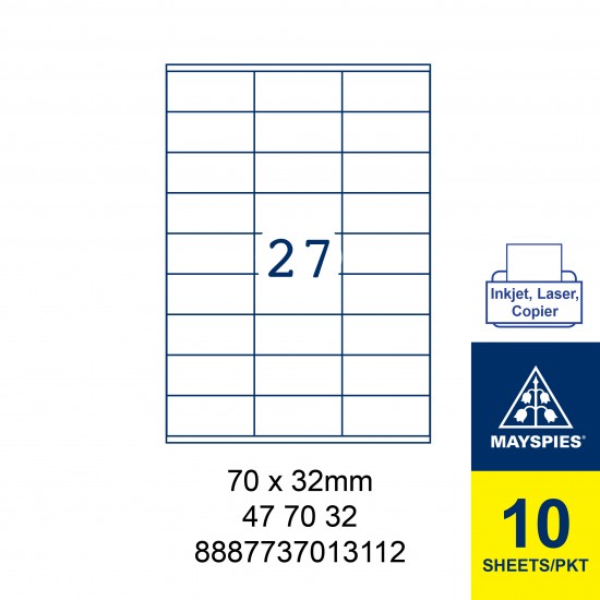 MAYSPIES 47 70 32 LABEL FOR INKJET / LASER / COPIER 10 SHEETS/PKT WHITE 70X32MM